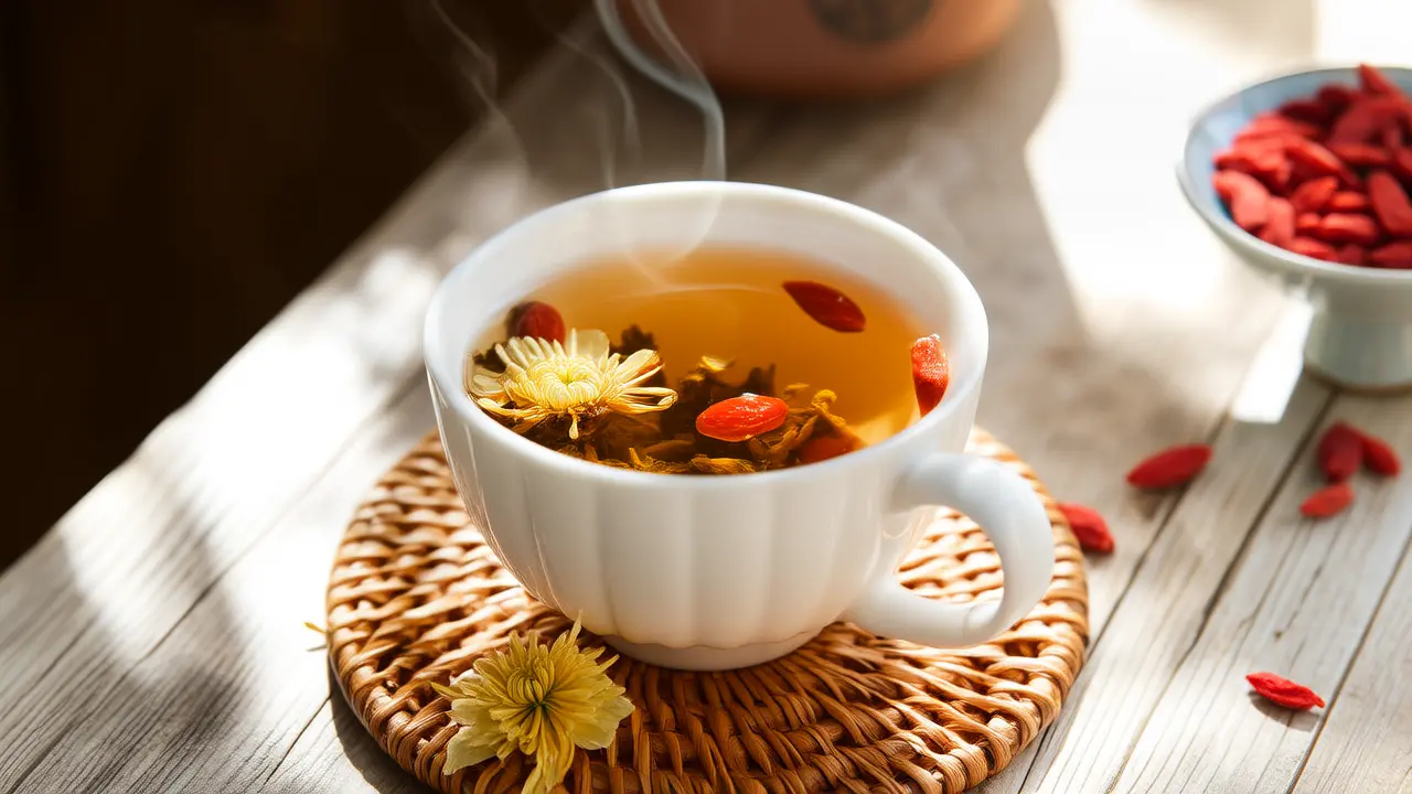 A simple cup of goji berry and chrysanthemum tea easily relieves eye fatigue