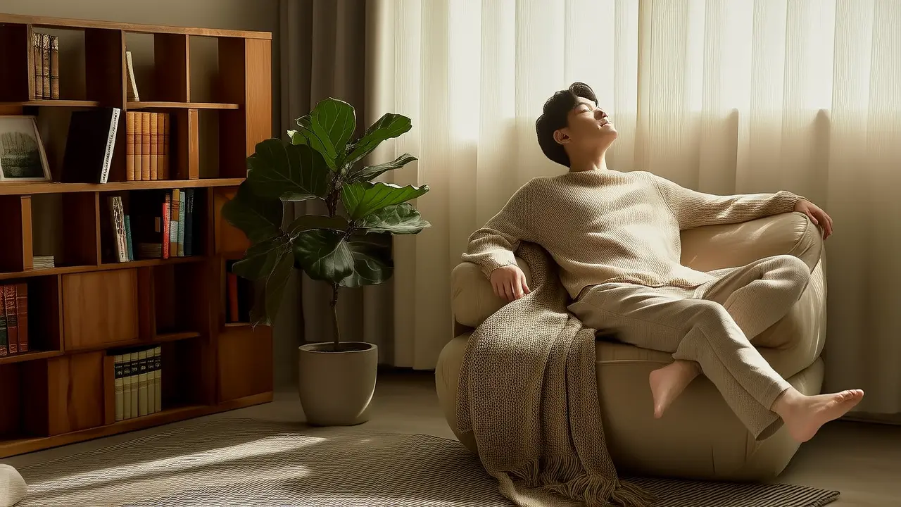 Exercícios de respiração em casa combinados com movimentos: respiração abdominal sentado mais rotações dos ombros e pescoço, relaxando corpo e mente