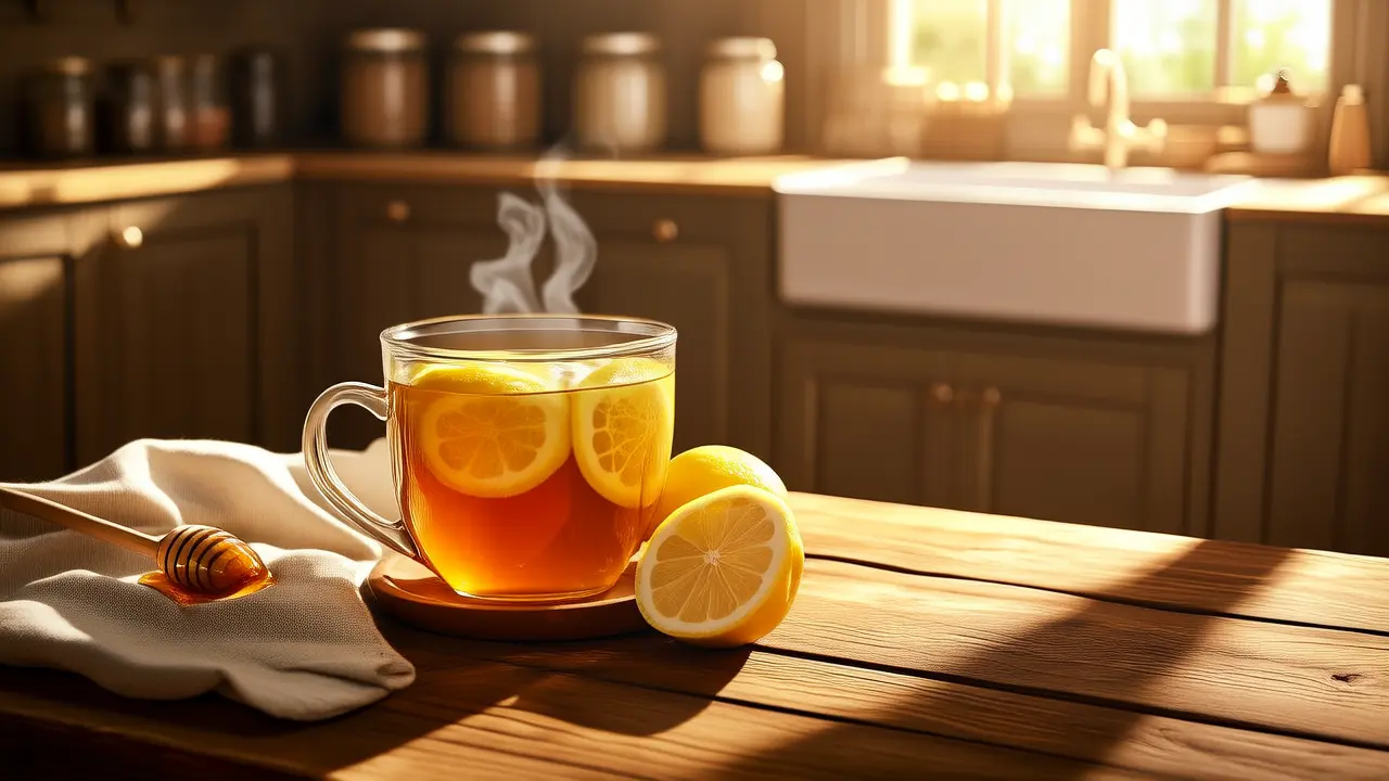 Método sencillo para el cuidado antiedad natural: un vaso de agua tibia con miel y limón por la mañana
