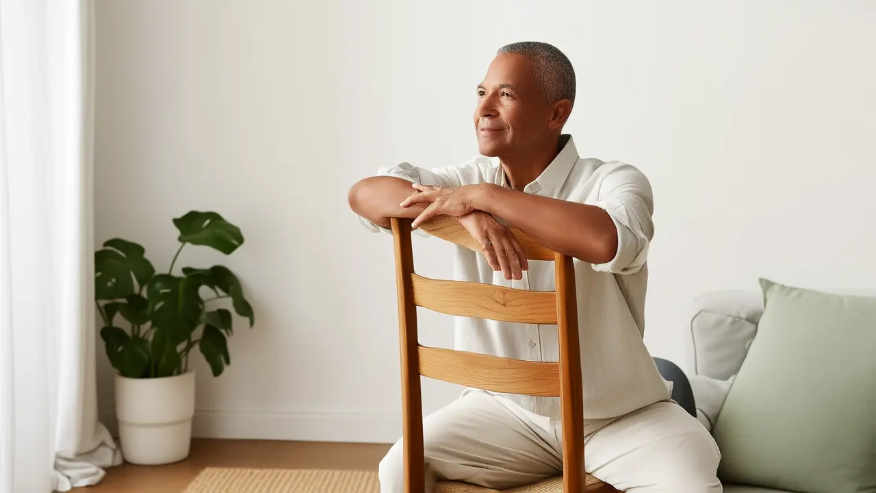 Exercício suave de correção postural em casa: alongamento dos ombros com uma cadeira
