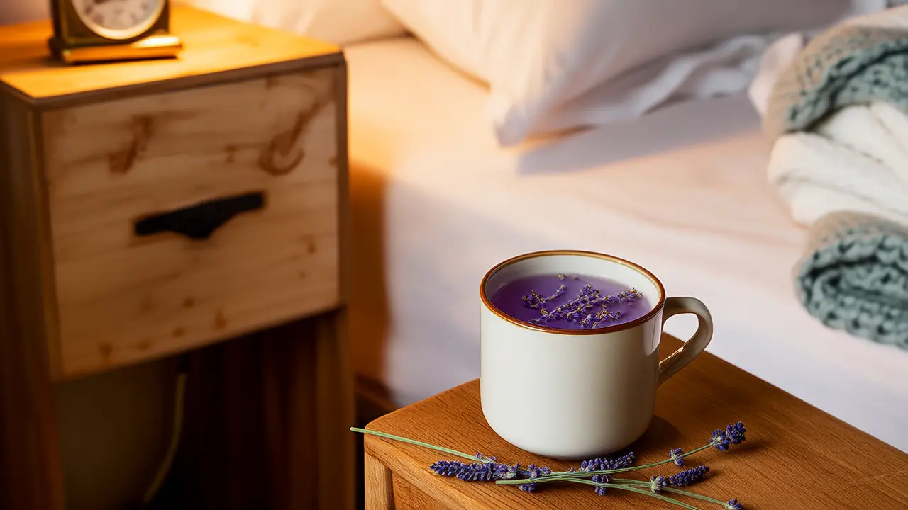 A cup of lavender tea before bedtime, paired with deep breathing to help you relax and fall asleep