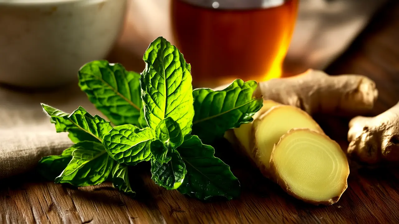 Wild plant remedy for seasonal adjustment: a warm mint ginger tea, simple and reassuring